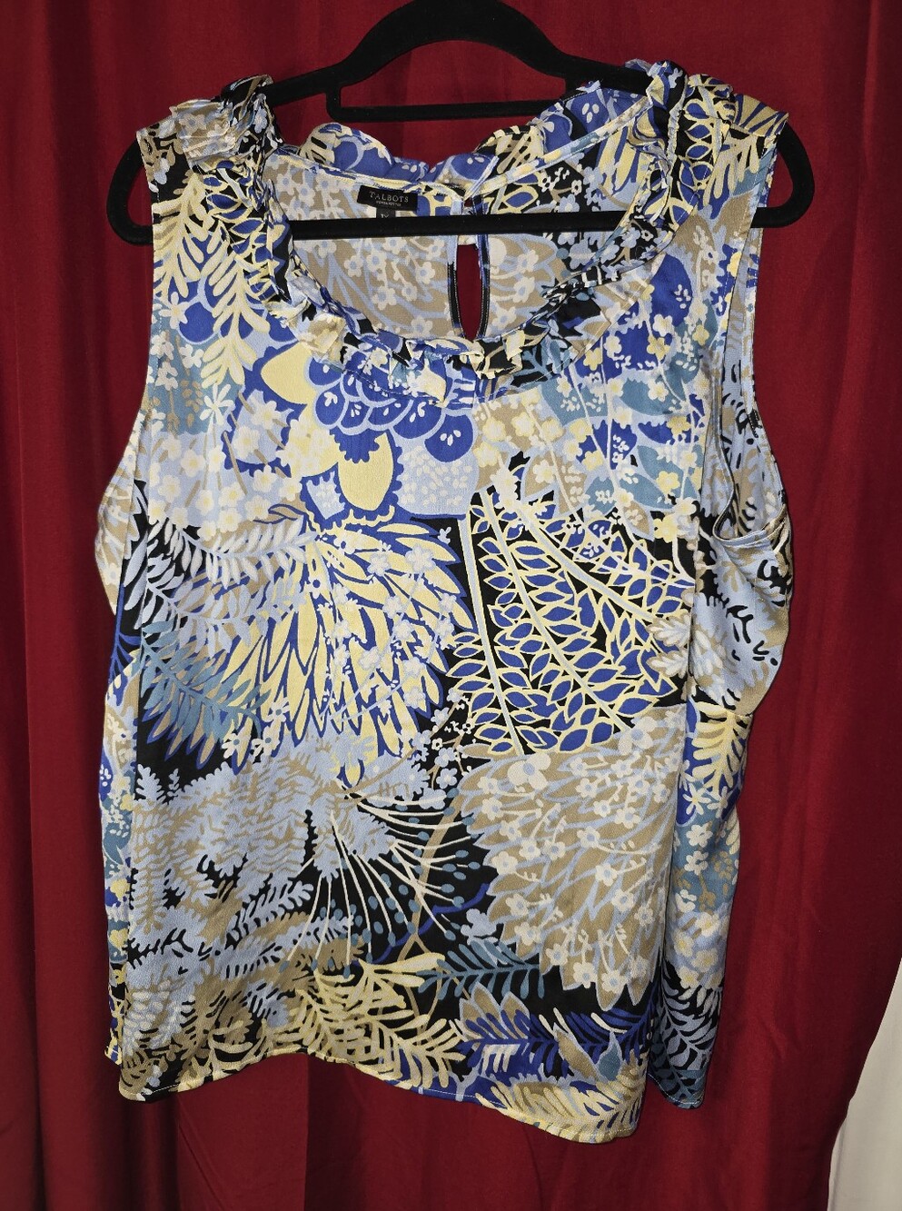 Talbots 3Xp Floral Ruffle Neck Sleeveless Blouse Blue Yellow Poly Crepe Plus
